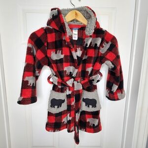 Pekkle Boys Bear Print Fleece Robe Buffalo Plaid Bathrobe Red Black Size 4/5